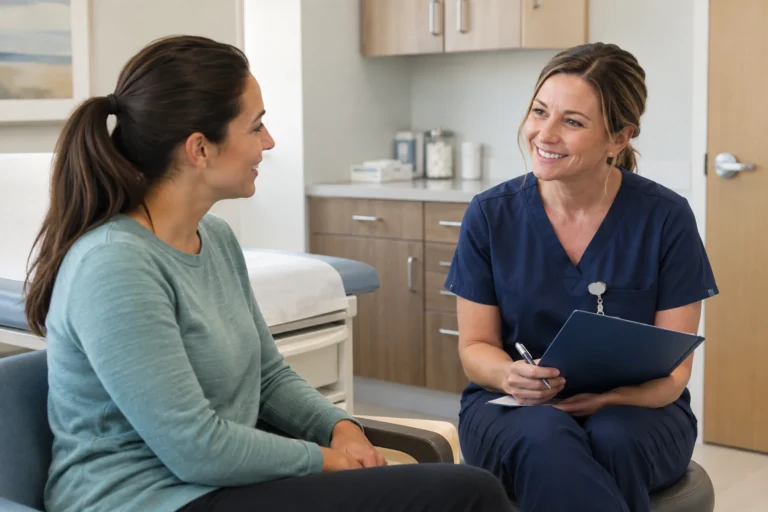 A woman in a teal top talks with a nurse in a bright consultation room.