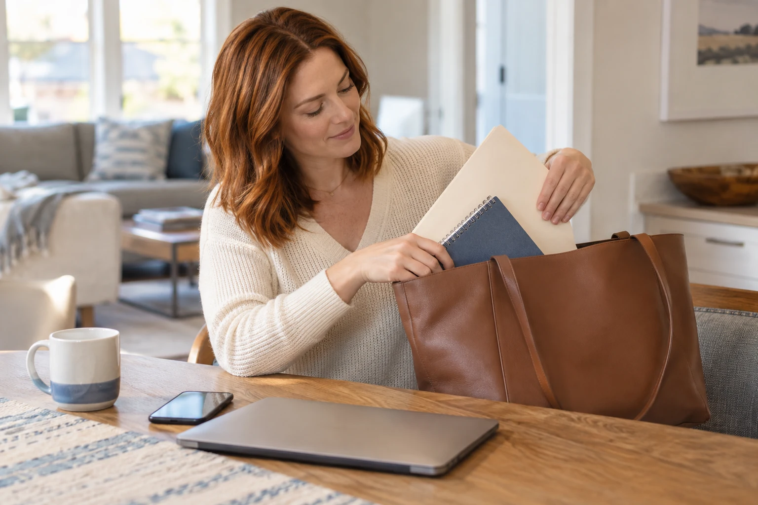 A woman places a medical-records folder and notebook into her tote at home.