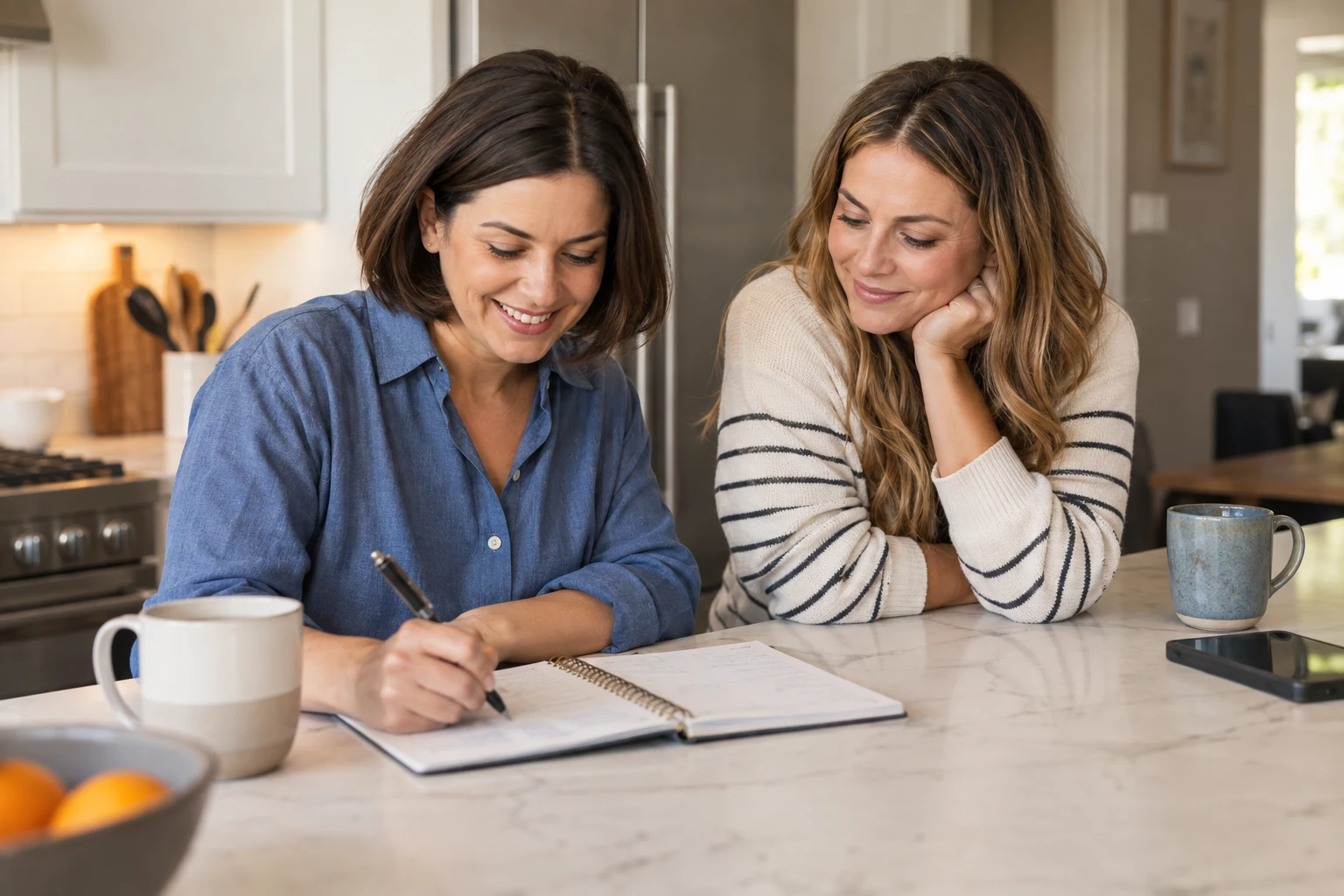 A couple reviews a paper planner at their kitchen island.