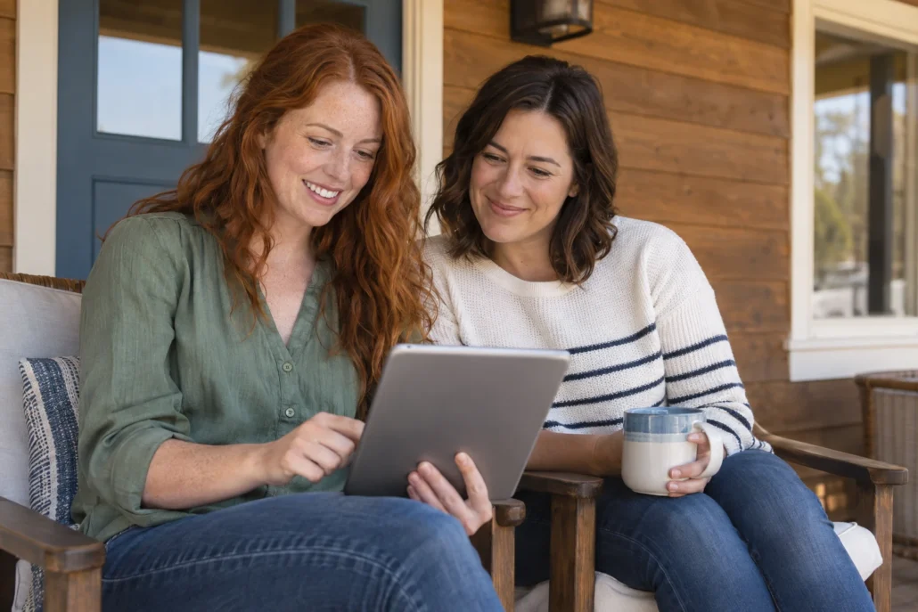 Two women reviews a tablet together on a covered front porch.