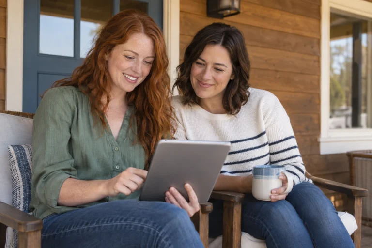 Two women reviews a tablet together on a covered front porch.
