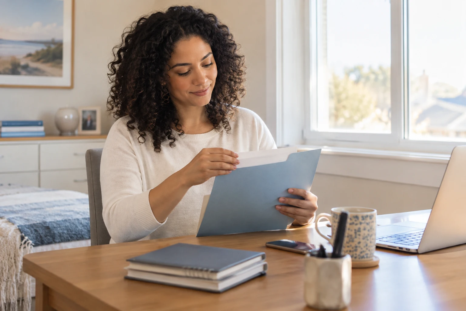 A woman organizes a folder at her desk beside a sunny window.