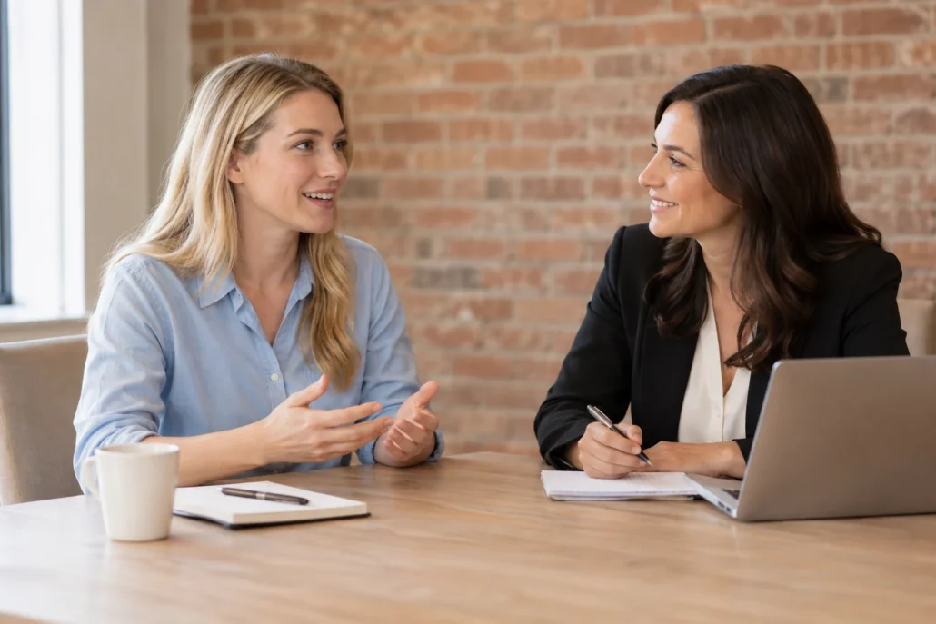 A woman asks an attorney a question at a light wooden conference table.