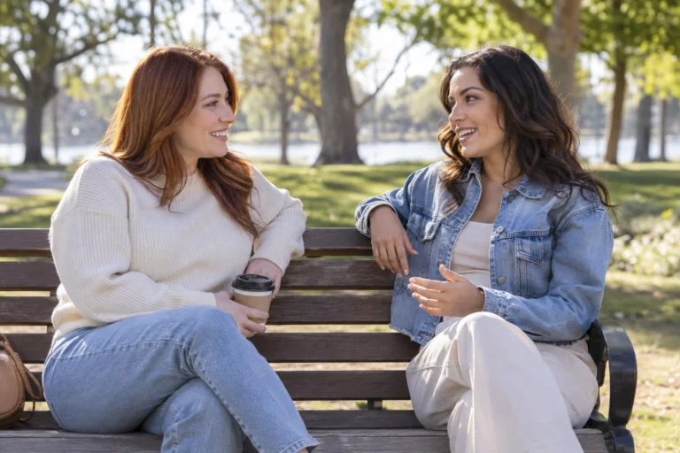 Two women have a relaxed conversation on a sunlit park bench.