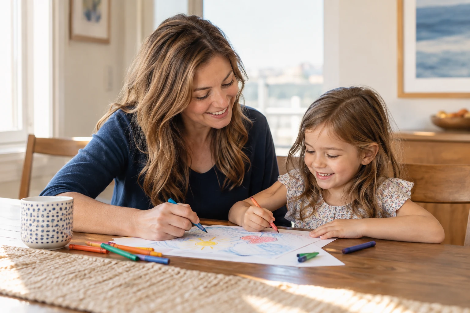 A mother and daughter draw together at a sunlit dining table.