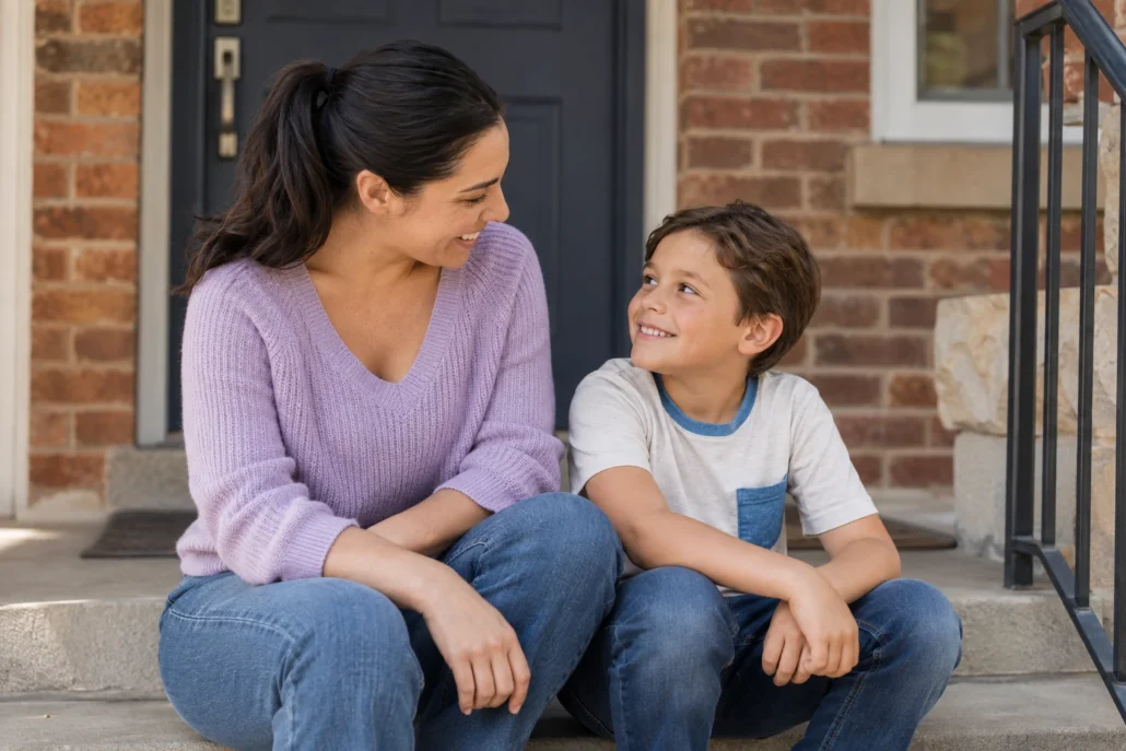 A mother and her school-age son talk on a shaded front step.
