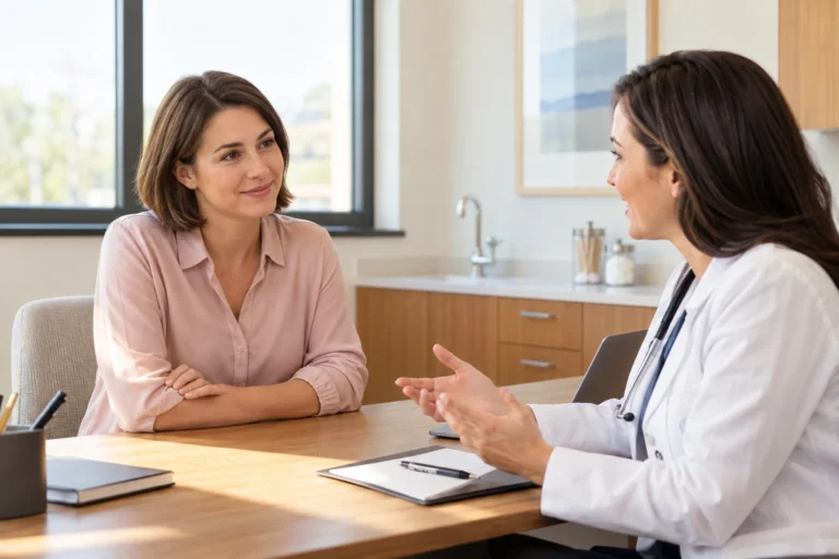 A woman and clinician have a conversation in a sunlit clinic office.