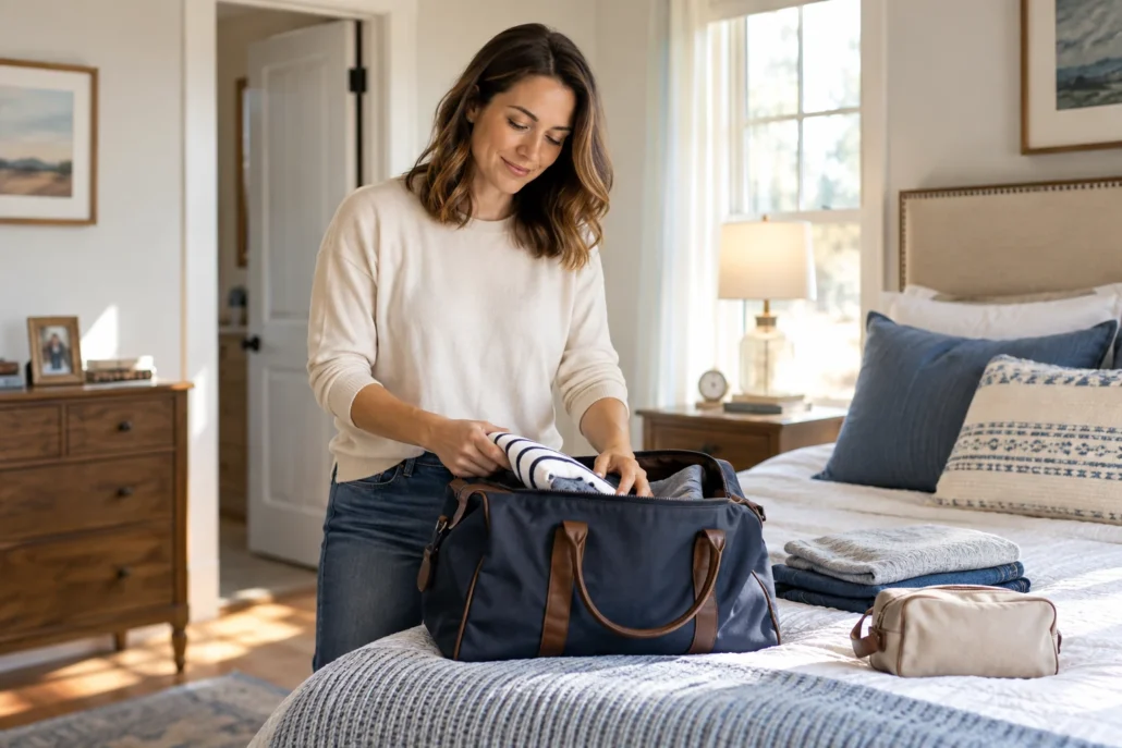 A woman packs a small overnight bag beside a neatly made bed.