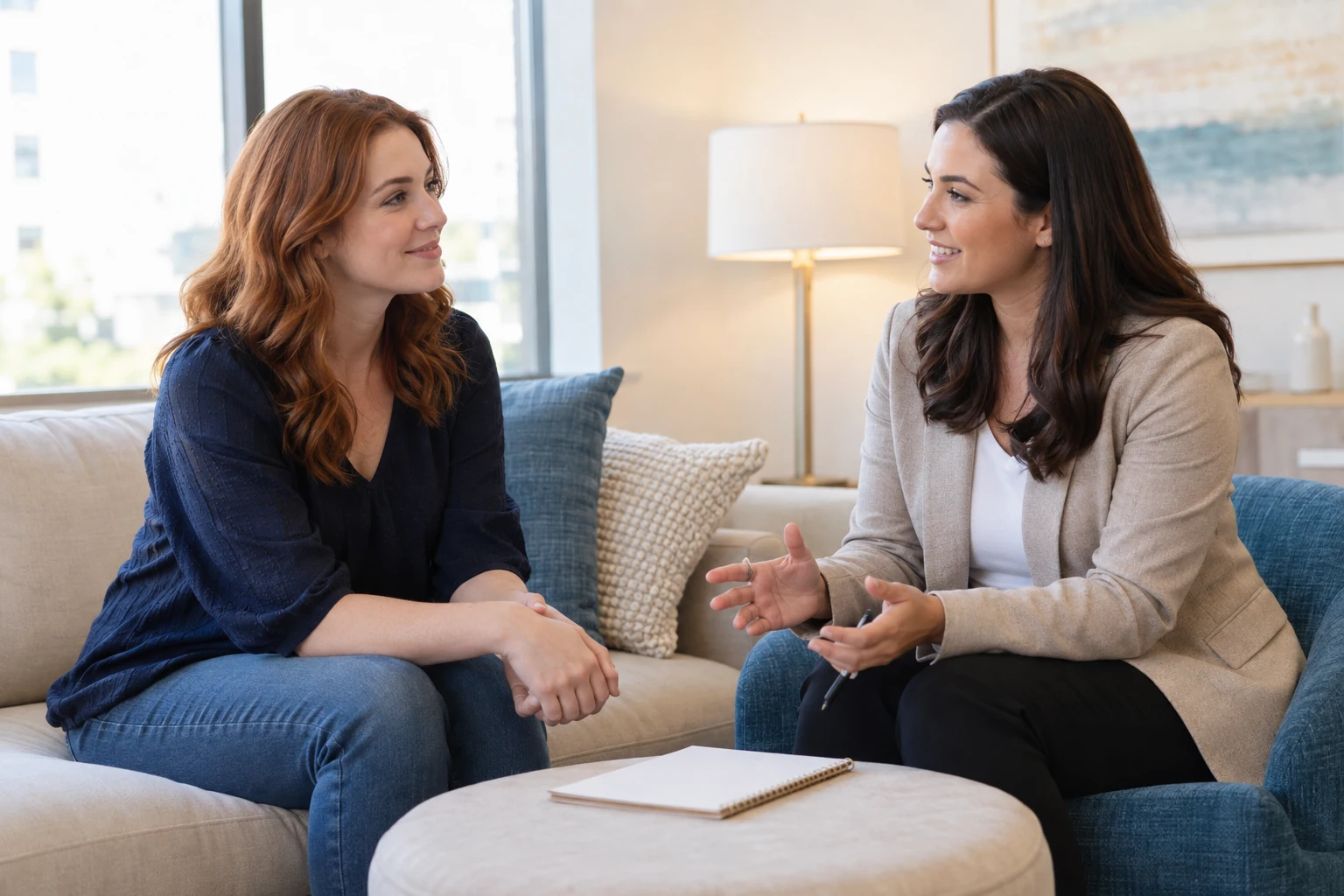 A woman and coordinator talk over a notebook in an office lounge.
