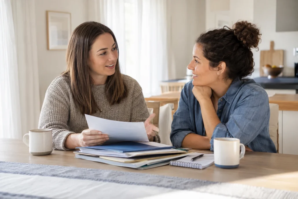 Two women discusses organized folders at their kitchen table.