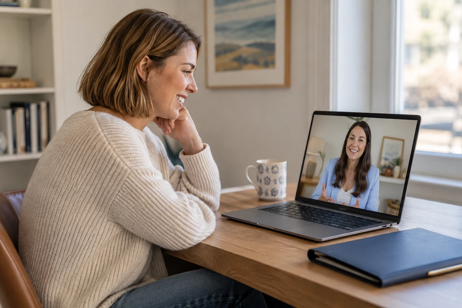 A woman speaks with someone on her laptop at a tidy home desk.