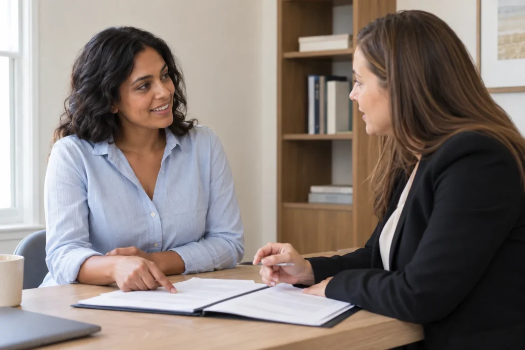 A woman discusses organized paperwork with a professional across an office desk.
