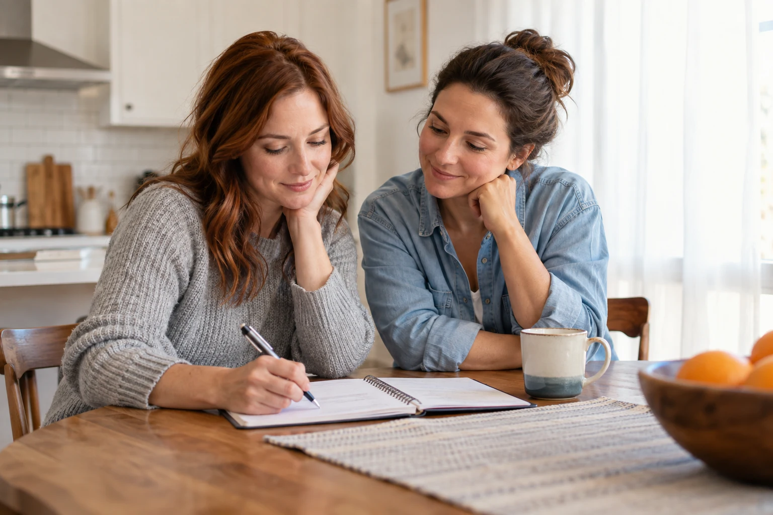 A couple discusses a notebook together at a bright breakfast table.