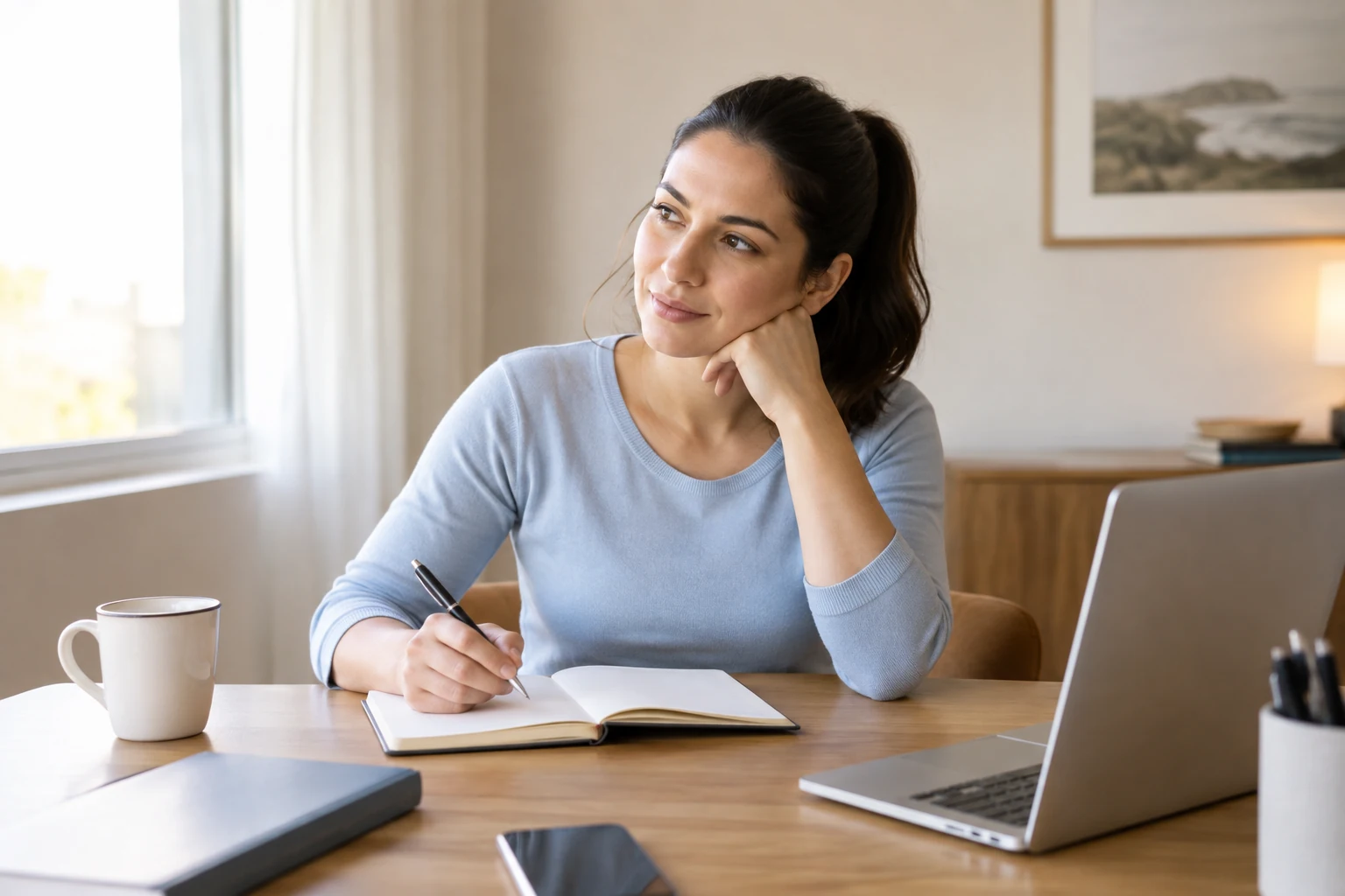 A woman writes questions in a notebook at a bright wooden desk.