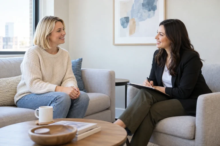 A woman and coordinator talk comfortably in a bright office lounge.