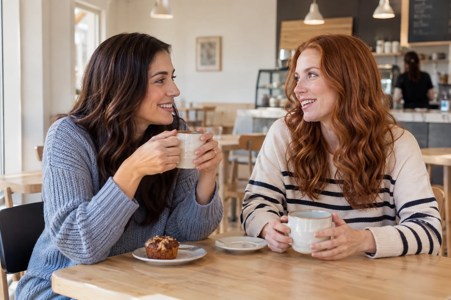 Two friends talk over ceramic mugs at a small bright cafe.