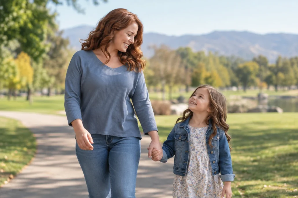 A mother and daughter walk in a neighborhood park with distant foothills.