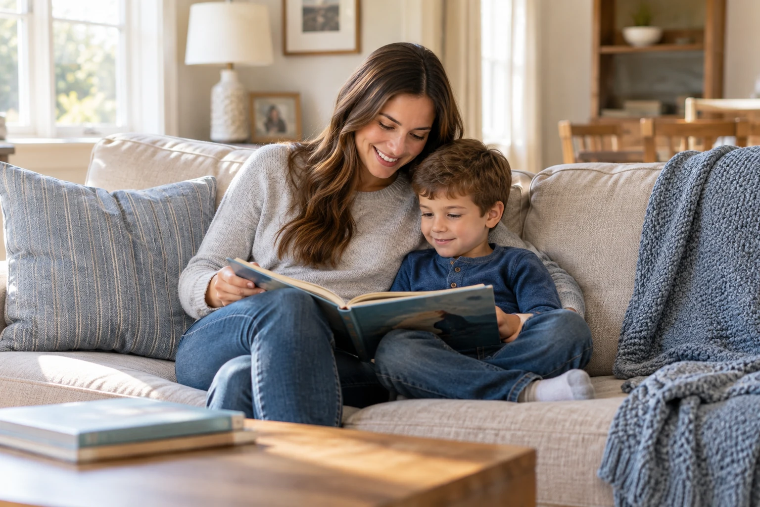 A mother and son read together on a sofa in a sunlit room.