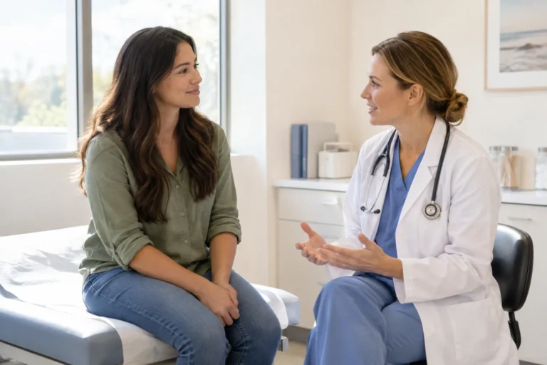 A woman listens to a physician during a consultation in a cream-colored room.