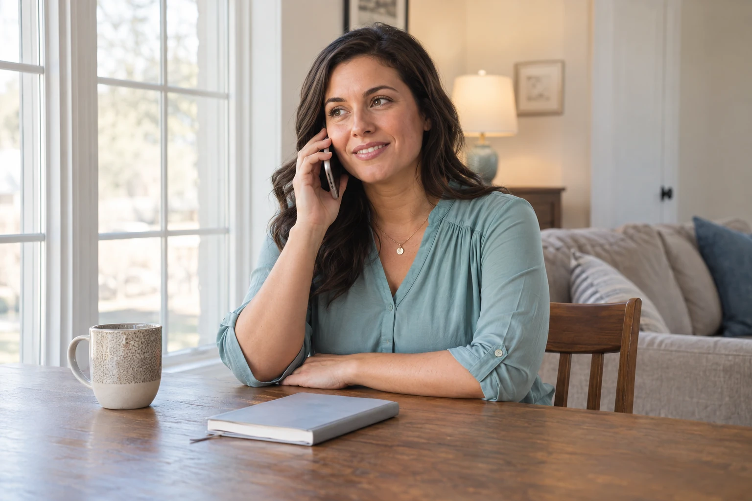 A woman talks by phone at home while preparing for an appointment.
