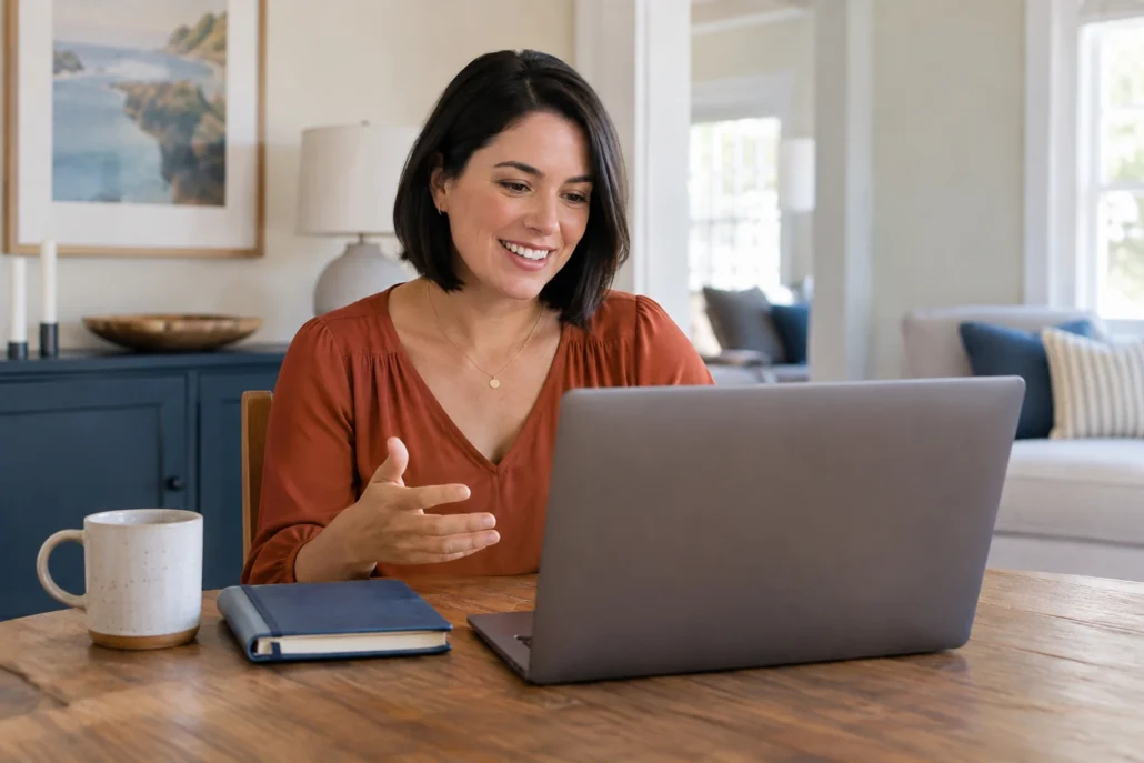 A woman joins a video call at her dining table with a planner nearby.