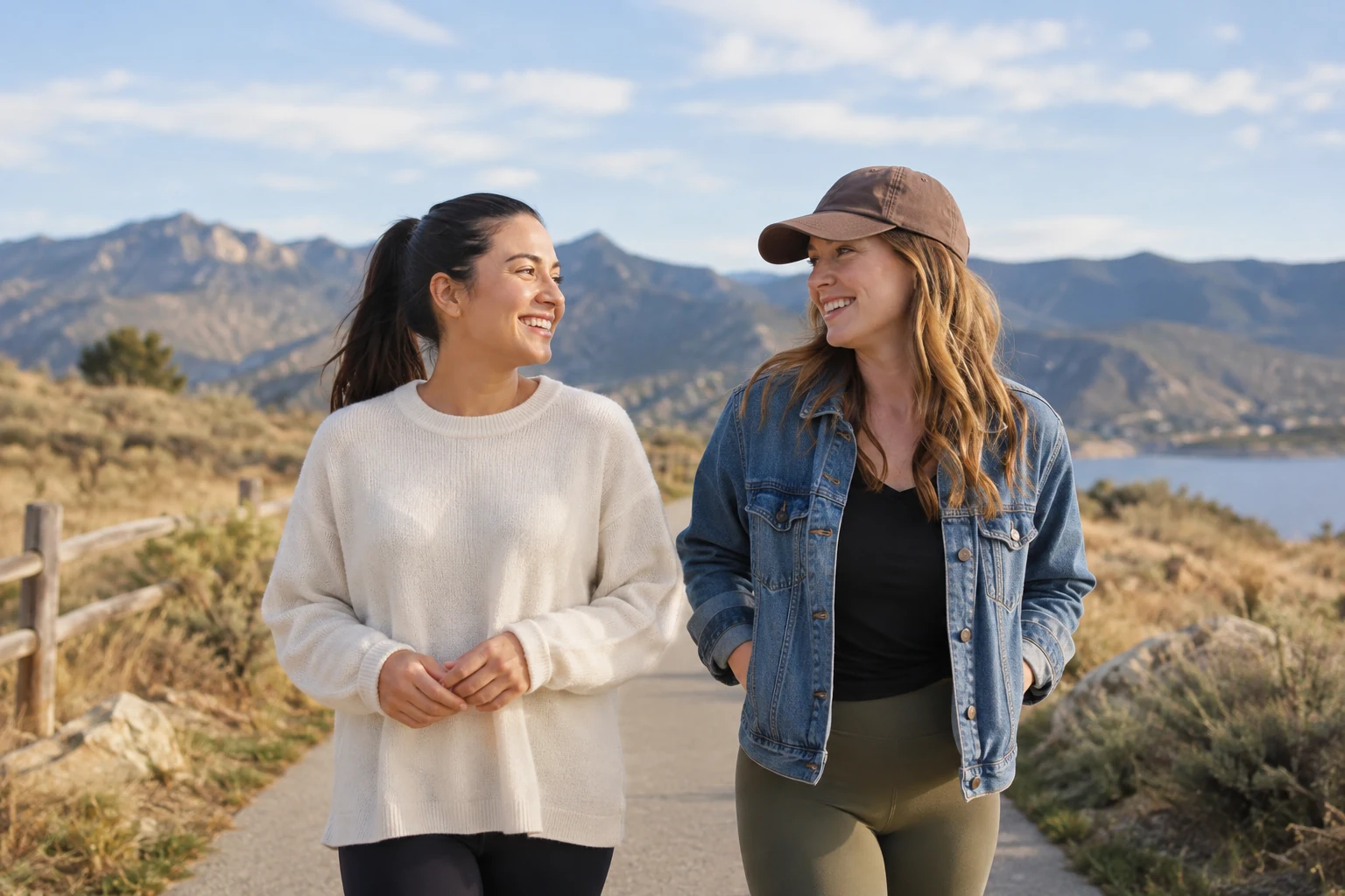 A couple walks along an open paved path with mountains in the distance.